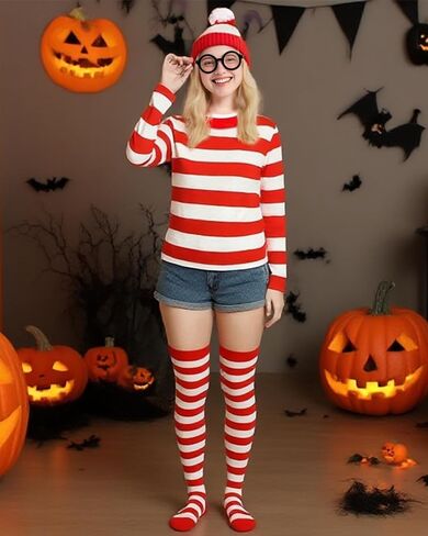 Halloween Costume for Women - 4 Pcs Red and White Striped Shirt Beanie Cap Socks Glasses for Halloween Cosplay in Kuwait