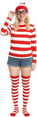 Halloween Costume for Women - 4 Pcs Red and White Striped Shirt Beanie Cap Socks Glasses for Halloween Cosplay in Kuwait