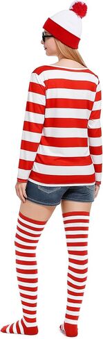 Halloween Costume for Women - 4 Pcs Red and White Striped Shirt Beanie Cap Socks Glasses for Halloween Cosplay in Kuwait