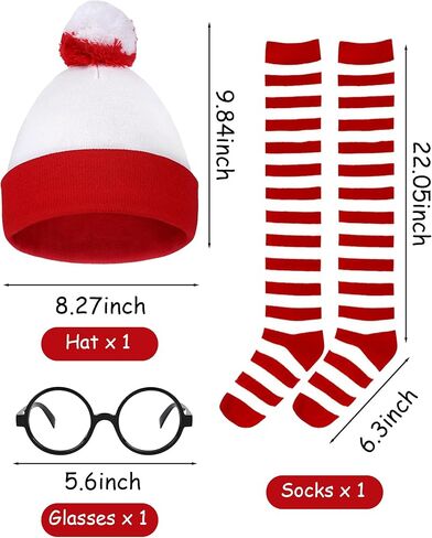 Halloween Costume for Women - 4 Pcs Red and White Striped Shirt Beanie Cap Socks Glasses for Halloween Cosplay in Kuwait