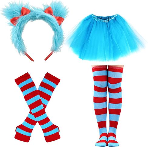 Striped Knee Socks, Long Arm Warmer Thumb Hole Stretchy Gloves, 3 Layered Tulle Tutu Skirt, Ponytails Headband for Costume in Saudi Arabia