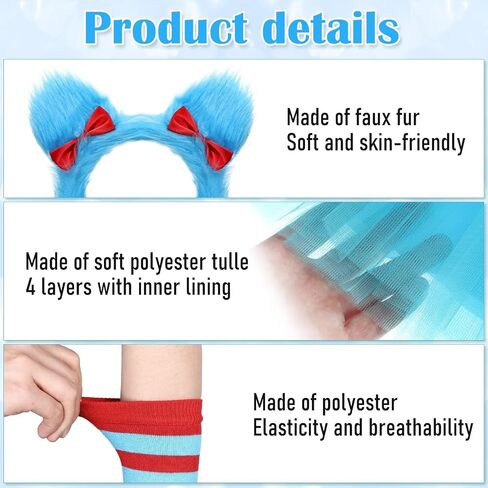 Striped Knee Socks, Long Arm Warmer Thumb Hole Stretchy Gloves, 3 Layered Tulle Tutu Skirt, Ponytails Headband for Costume in Saudi Arabia