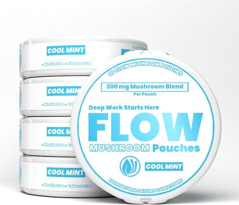 Flow Pouch Mushroom Nootropic Pouches - 200mg Organic Mushroom Energy Ultra Pouches with Lion's Mane, Reishi, Cordyceps for Focus & Clean Energy - Zero Caffeine or Sugar (5 Can Pack, Wintergreen) in Saudi Arabia