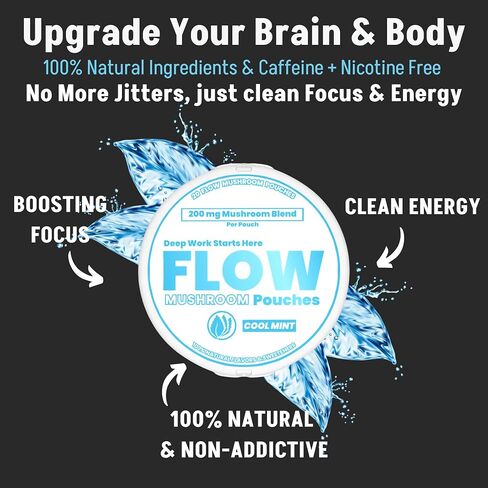 Flow Pouch Mushroom Nootropic Pouches - 200mg Organic Mushroom Energy Ultra Pouches with Lion's Mane, Reishi, Cordyceps for Focus & Clean Energy - Zero Caffeine or Sugar (5 Can Pack, Wintergreen) in Saudi Arabia