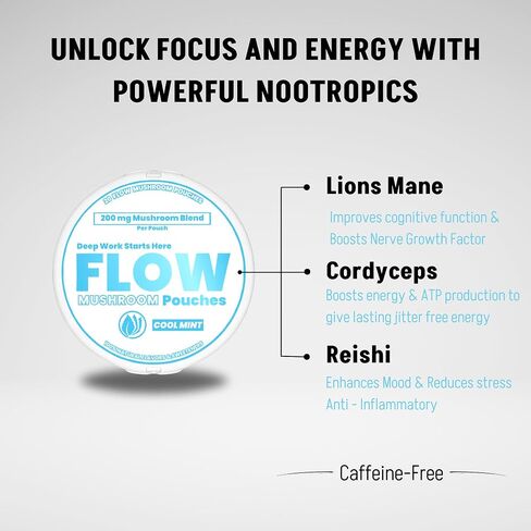 Flow Pouch Mushroom Nootropic Pouches - 200mg Organic Mushroom Energy Ultra Pouches with Lion's Mane, Reishi, Cordyceps for Focus & Clean Energy - Zero Caffeine or Sugar (5 Can Pack, Wintergreen) in Saudi Arabia
