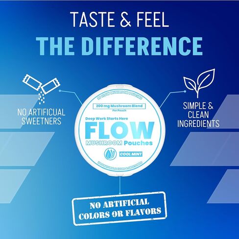 Flow Pouch Mushroom Nootropic Pouches - 200mg Organic Mushroom Energy Ultra Pouches with Lion's Mane, Reishi, Cordyceps for Focus & Clean Energy - Zero Caffeine or Sugar (5 Can Pack, Wintergreen) in Saudi Arabia