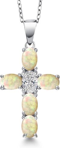 Gem Stone King 925 Sterling Silver White Ethiopian Opal and Lab Grown Diamond Cross Pendant Necklace for Women | 2.00 Cttw | Gemstone October Birthstone | Oval Cabochon 6X4MM | With 18 Inch Chain in Saudi Arabia