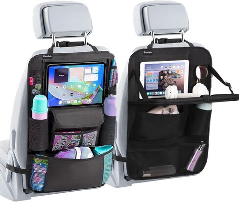 2 Pack Car Backseat Organizer with Foldable Table Tray, 12 Storage Pockets, Cup Holder Strap, Kick Mats Protector and Tablet Holder for Family Travel Essentials (Black) in Saudi Arabia