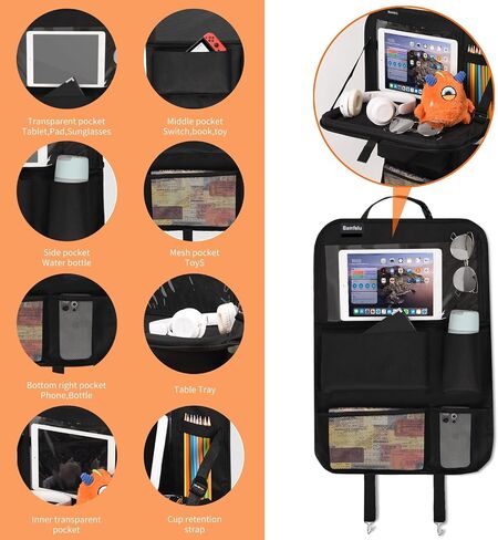 2 Pack Car Backseat Organizer with Foldable Table Tray, 12 Storage Pockets, Cup Holder Strap, Kick Mats Protector and Tablet Holder for Family Travel Essentials (Black) in Saudi Arabia