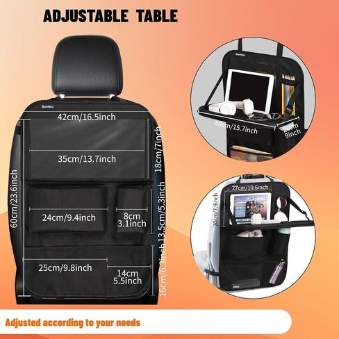 2 Pack Car Backseat Organizer with Foldable Table Tray, 12 Storage Pockets, Cup Holder Strap, Kick Mats Protector and Tablet Holder for Family Travel Essentials (Black) in Saudi Arabia