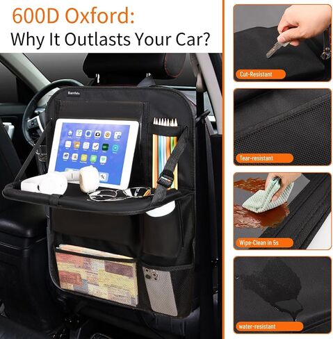 2 Pack Car Backseat Organizer with Foldable Table Tray, 12 Storage Pockets, Cup Holder Strap, Kick Mats Protector and Tablet Holder for Family Travel Essentials (Black) in Saudi Arabia