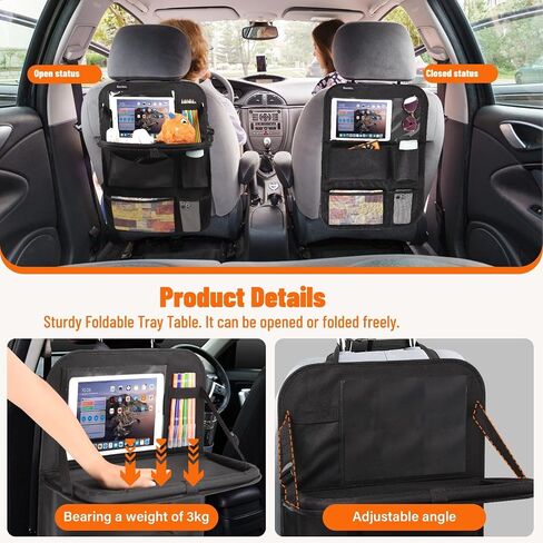 2 Pack Car Backseat Organizer with Foldable Table Tray, 12 Storage Pockets, Cup Holder Strap, Kick Mats Protector and Tablet Holder for Family Travel Essentials (Black) in Saudi Arabia
