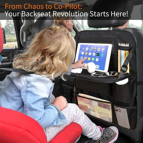 2 Pack Car Backseat Organizer with Foldable Table Tray, 12 Storage Pockets, Cup Holder Strap, Kick Mats Protector and Tablet Holder for Family Travel Essentials (Black) in Saudi Arabia