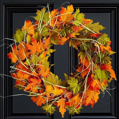إكليل الخريف للباب الأمامي لعيد الشكر مقاس 22 بوصة، إكليل الخريف مصنوع يدويًا مع أوراق القيقب والجوز، ديكور حصاد المزرعة للشرفة المعلقة في الأماكن المغلقة والخارجية، ديكور الهالوين in Kuwait