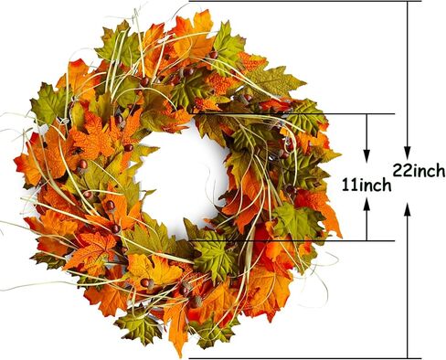 إكليل الخريف للباب الأمامي لعيد الشكر مقاس 22 بوصة، إكليل الخريف مصنوع يدويًا مع أوراق القيقب والجوز، ديكور حصاد المزرعة للشرفة المعلقة في الأماكن المغلقة والخارجية، ديكور الهالوين in Kuwait