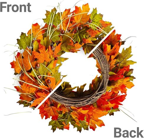 إكليل الخريف للباب الأمامي لعيد الشكر مقاس 22 بوصة، إكليل الخريف مصنوع يدويًا مع أوراق القيقب والجوز، ديكور حصاد المزرعة للشرفة المعلقة في الأماكن المغلقة والخارجية، ديكور الهالوين in Kuwait