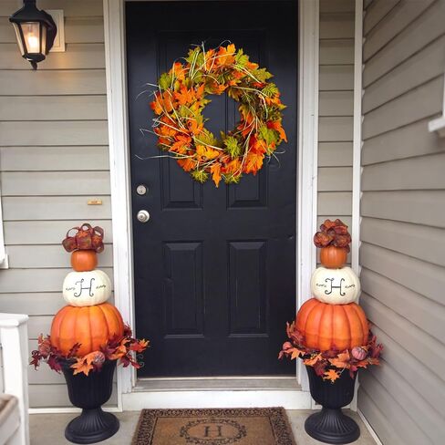 إكليل الخريف للباب الأمامي لعيد الشكر مقاس 22 بوصة، إكليل الخريف مصنوع يدويًا مع أوراق القيقب والجوز، ديكور حصاد المزرعة للشرفة المعلقة في الأماكن المغلقة والخارجية، ديكور الهالوين in Kuwait