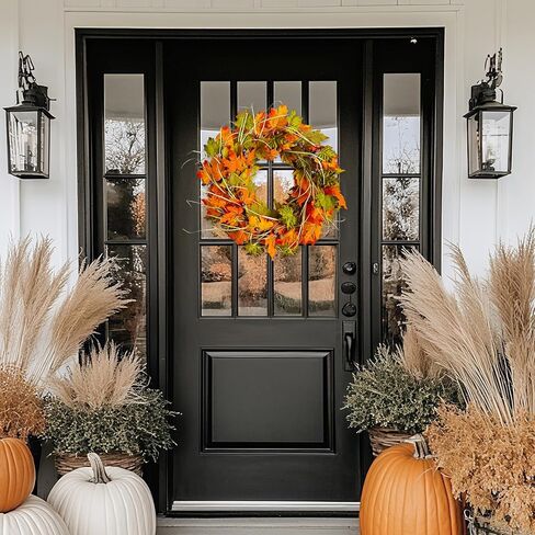 إكليل الخريف للباب الأمامي لعيد الشكر مقاس 22 بوصة، إكليل الخريف مصنوع يدويًا مع أوراق القيقب والجوز، ديكور حصاد المزرعة للشرفة المعلقة في الأماكن المغلقة والخارجية، ديكور الهالوين in Kuwait
