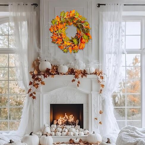 إكليل الخريف للباب الأمامي لعيد الشكر مقاس 22 بوصة، إكليل الخريف مصنوع يدويًا مع أوراق القيقب والجوز، ديكور حصاد المزرعة للشرفة المعلقة في الأماكن المغلقة والخارجية، ديكور الهالوين in Kuwait