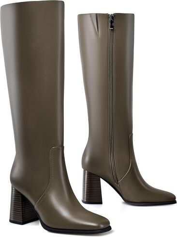 MIRAAZZURRA Knee High Boots Women Square Toe Chunky Heel Tall Boots Side Zipper Long Boots for Date Party Wedding Dress in Kuwait