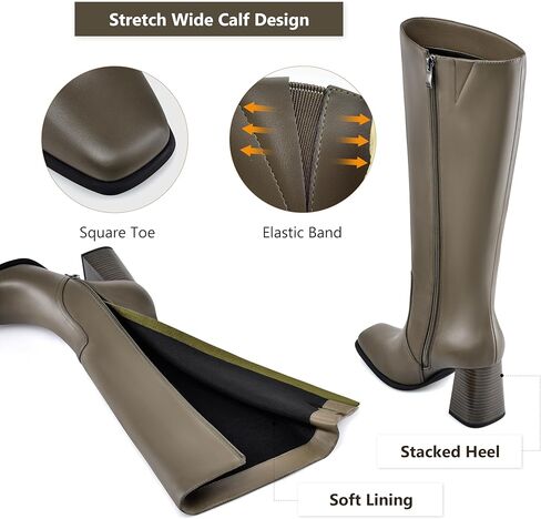 MIRAAZZURRA Knee High Boots Women Square Toe Chunky Heel Tall Boots Side Zipper Long Boots for Date Party Wedding Dress in Kuwait