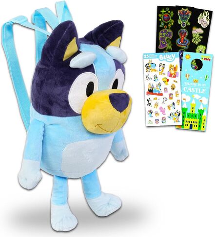 مجموعة حقيبة ظهر Bluey Plushie - حزمة من لعبة دمية قطيفة مقاس 18 بوصة مع أشرطة حمل بالإضافة إلى ملصقات، المزيد | حيوان محشو باللون الأزرق للأطفال والأولاد والبنات in Saudi Arabia