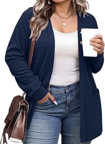 سترة صوفية نسائية خفيفة الوزن من Halife بمقاس كبير مع جيوب مفتوحة من الأمام وأكمام طويلة (XL-5XL) in Kuwait