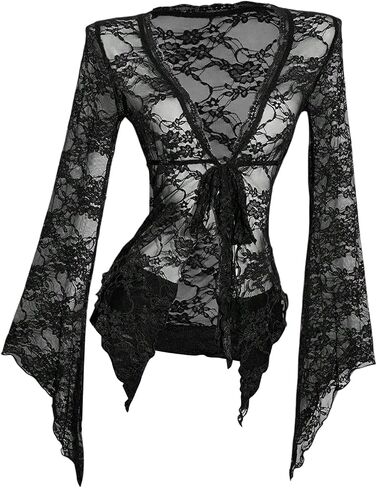 Milumia Women's Sexy Lace Bell Long Sleeve Tie Front Cardigan Sheer Mesh Y2K Rave Tops Black Small in Saudi Arabia