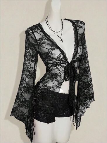 Milumia Women's Sexy Lace Bell Long Sleeve Tie Front Cardigan Sheer Mesh Y2K Rave Tops Black Small in Saudi Arabia