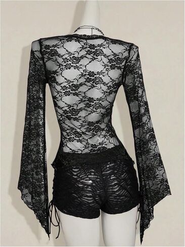 Milumia Women's Sexy Lace Bell Long Sleeve Tie Front Cardigan Sheer Mesh Y2K Rave Tops Black Small in Saudi Arabia
