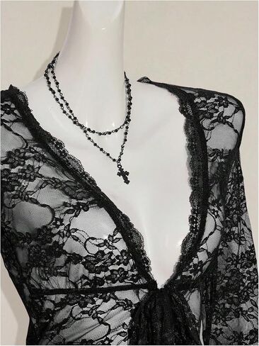 Milumia Women's Sexy Lace Bell Long Sleeve Tie Front Cardigan Sheer Mesh Y2K Rave Tops Black Small in Saudi Arabia
