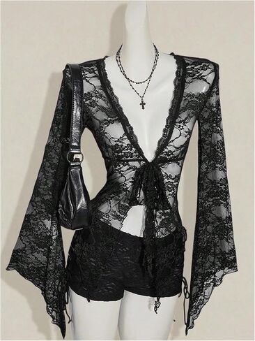 Milumia Women's Sexy Lace Bell Long Sleeve Tie Front Cardigan Sheer Mesh Y2K Rave Tops Black Small in Saudi Arabia