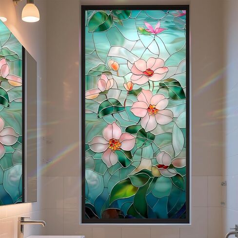 Floral Design Window Privacy Film, Decorative Stained Glass Window Sticker for Home Office, 3D Static Glass Cling Tint (Z1507-3M) in Saudi Arabia