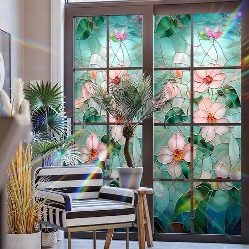 Floral Design Window Privacy Film, Decorative Stained Glass Window Sticker for Home Office, 3D Static Glass Cling Tint (Z1507-3M) in Saudi Arabia