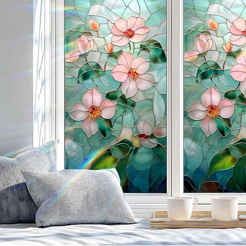 Floral Design Window Privacy Film, Decorative Stained Glass Window Sticker for Home Office, 3D Static Glass Cling Tint (Z1507-3M) in Saudi Arabia