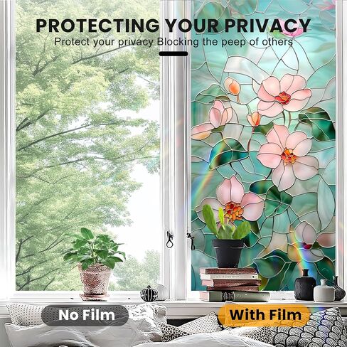 Floral Design Window Privacy Film, Decorative Stained Glass Window Sticker for Home Office, 3D Static Glass Cling Tint (Z1507-3M) in Saudi Arabia