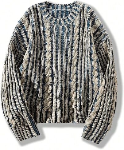 Men's Cable Knit Sweater Crewneck Long Sleeve Pullover Sweater Streetwear in Saudi Arabia