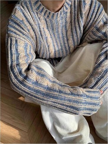 Men's Cable Knit Sweater Crewneck Long Sleeve Pullover Sweater Streetwear in Saudi Arabia