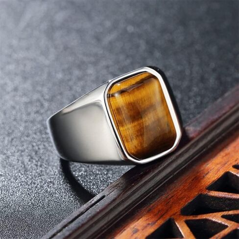 Mens Stainless Steel Natural Tiger Eye Stone Ring For Men Size 7-12 in Saudi Arabia
