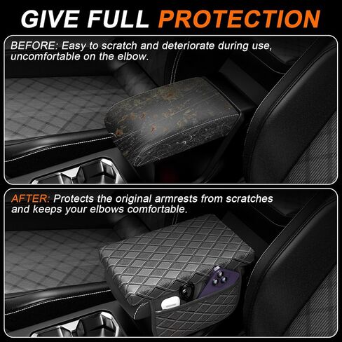Upgraded Center Console Armrest Cover with Side Pockets, Thickened Leather Car Armrest Cover with 2 Storage Bags, Universal Car Center Console Cover Interior Accessories for Most Vehicles in Kuwait