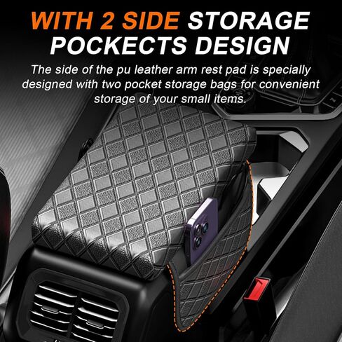 Upgraded Center Console Armrest Cover with Side Pockets, Thickened Leather Car Armrest Cover with 2 Storage Bags, Universal Car Center Console Cover Interior Accessories for Most Vehicles in Kuwait