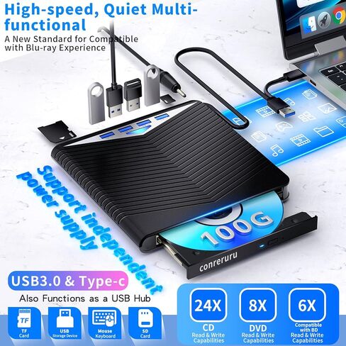 محرك أقراص DVD خارجي، واجهة USB-A+Type-c، متوافق مع محرك أقراص DVD المحمول، محرك أقراص CD/DVD للقراءة والكتابة متوافق مع Windows7-11/Mac OS in Kuwait