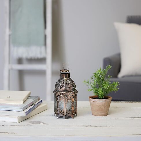لهجة زائد زينة عيد الميلاد فانوس داخلي ديكور في الهواء الطلق زينة عيد الميلاد شمعة فانوس مغربي حاملات شموع معدنية معلقة فانوس، نحاس ملون 4 × 4 × 9.5 بوصة in Kuwait
