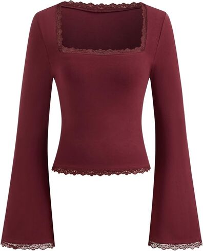CIDER Womens Square Neck Shirt Long Sleeve Ribbed Knit Top Lace Trim Date Night Fashion Blouse in Saudi Arabia