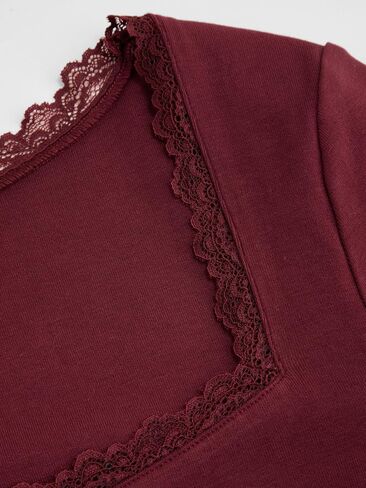 CIDER Womens Square Neck Shirt Long Sleeve Ribbed Knit Top Lace Trim Date Night Fashion Blouse in Saudi Arabia