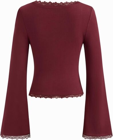 CIDER Womens Square Neck Shirt Long Sleeve Ribbed Knit Top Lace Trim Date Night Fashion Blouse in Saudi Arabia