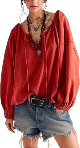 Esmeling Women Tie Neck Blouse Drawstring Balloon Long Sleeves Tops Loose Casual Solid Shirts in Kuwait