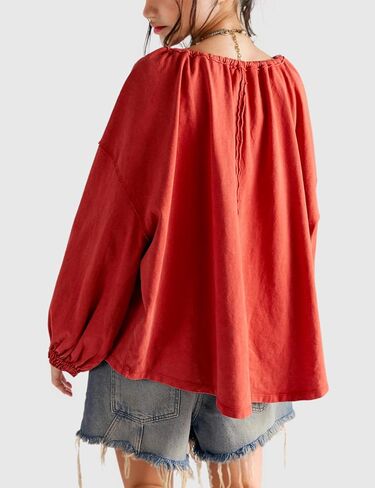 Esmeling Women Tie Neck Blouse Drawstring Balloon Long Sleeves Tops Loose Casual Solid Shirts in Kuwait