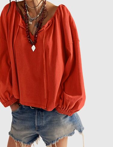 Esmeling Women Tie Neck Blouse Drawstring Balloon Long Sleeves Tops Loose Casual Solid Shirts in Kuwait
