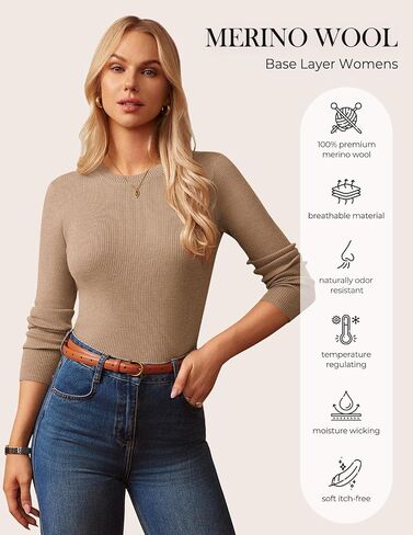 GRACE KARIN Women's 100% Merino Wool Base Layer Sweater, Fall Knit Long Sleeve Pullover Top, Casual Soft Slim Fit Shirt in Saudi Arabia